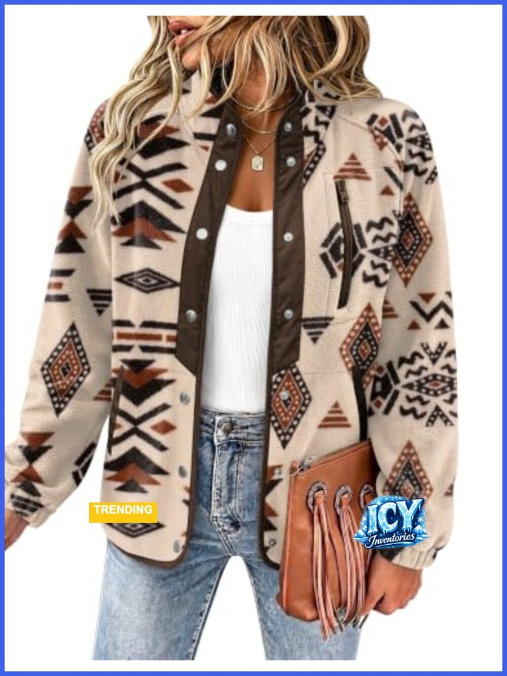 Women Sherpa Fleece Snap Jacket Aztec Print Long Sleeve